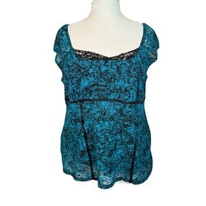 Lane Bryant Y2K Black Teal Lace Cap Sleeve Blouse 22/24 Whimsigoth Fairy Goth